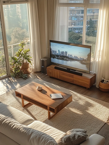 白色沙发木桌电视中人看剧