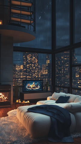 大窗白色沙发星空城市灯