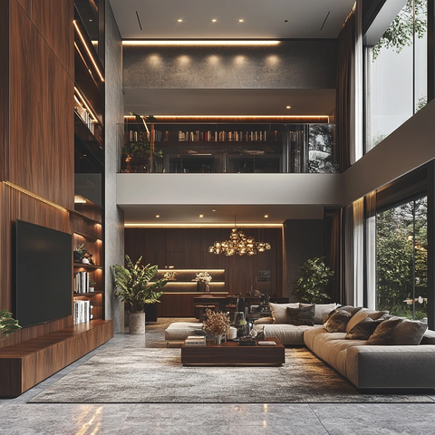 别墅客厅书架餐桌宽窗设计