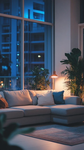 灰色沙发与龟背竹夜景