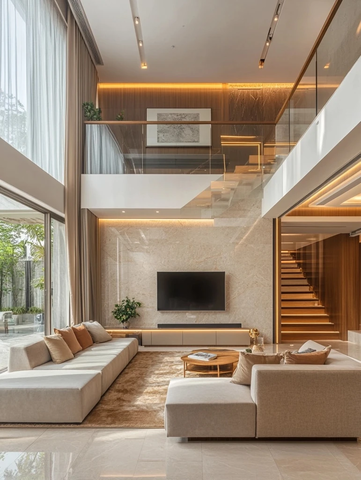 别墅客厅石材楼梯玻璃栏杆