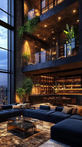 深蓝绒椅金墙绿植