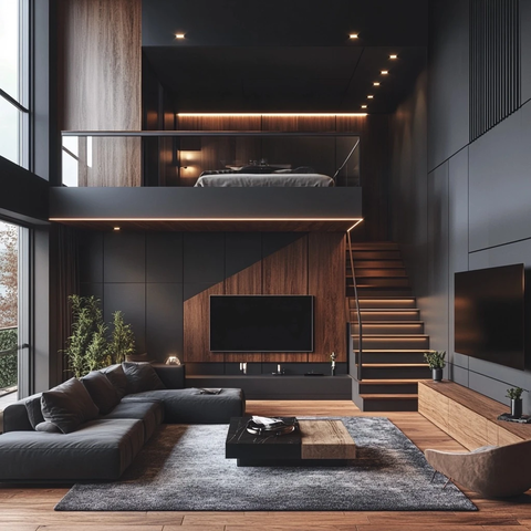 灰木色调双层客厅与楼梯