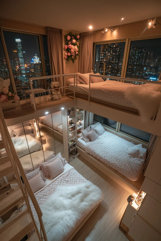 螺旋楼梯卧室双层床花窗夜景