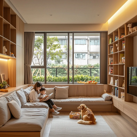 宽敞客厅与绿意庭院的家庭时光