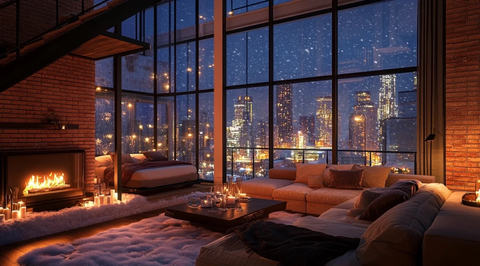 雪夜窗景沙发壁炉卧室楼梯