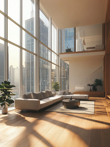 新橡木地板与城市景观