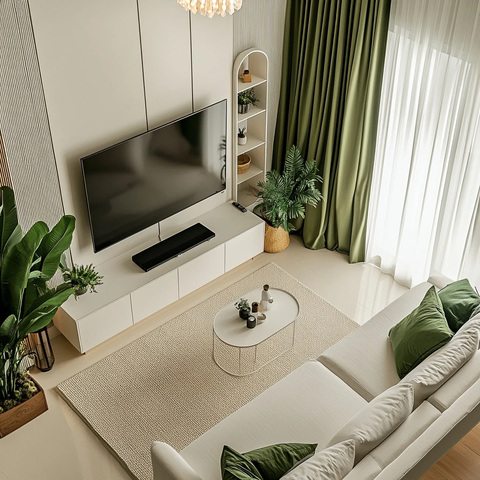 白色客厅电视墙绿植窗帘