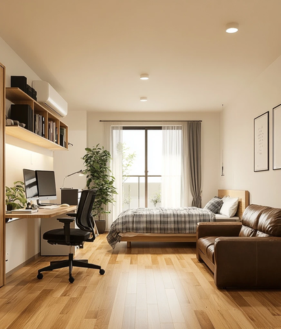 木地板卧室带办公桌与书架