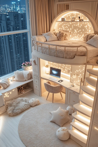 圆形大床儿童房地毯落地窗