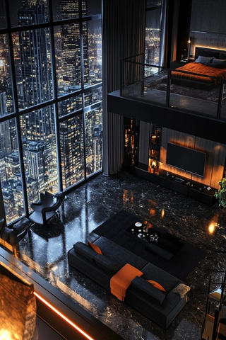 开放式黑橙色调阁楼公寓