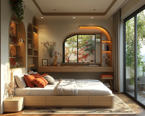 卧室床铺梳妆台布置