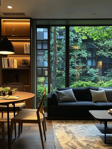 黑色沙发与书柜的客厅设计