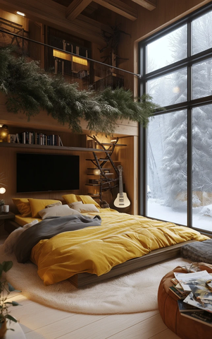 双层木床与雪景自然风