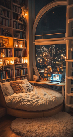 圆形双人床与书架卧室布局