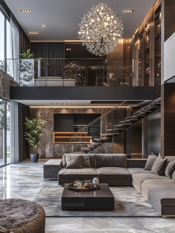 灰黑配色现代客厅与楼梯