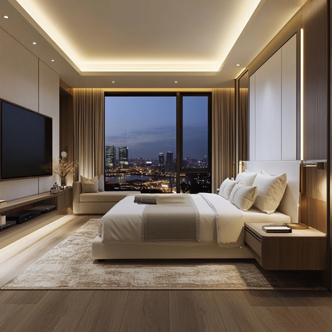 现代卧室布局与城市夜景