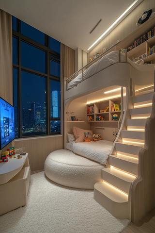 双层床与城市夜景儿童房
