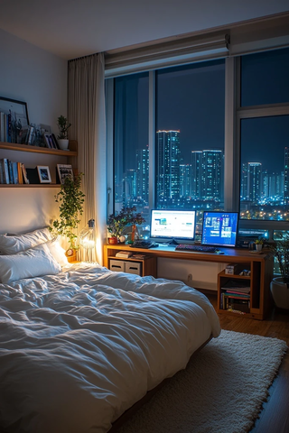 白色床铺与书桌夜景窗边