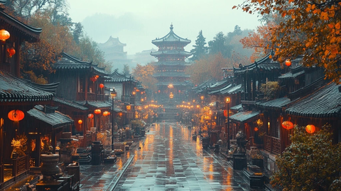 雨夜古街的灯火辉煌