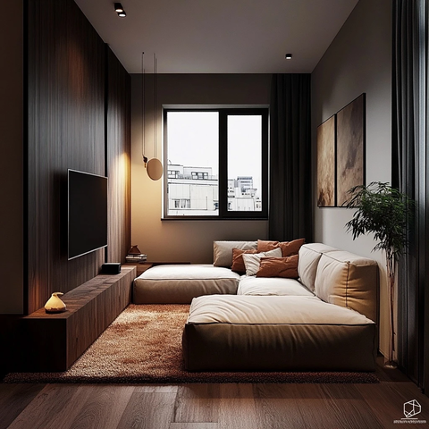 低矮沙发与木质电视墙