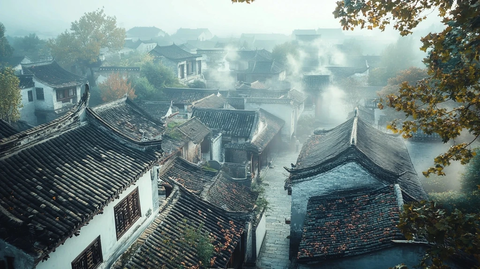 晨雾中的古镇风貌