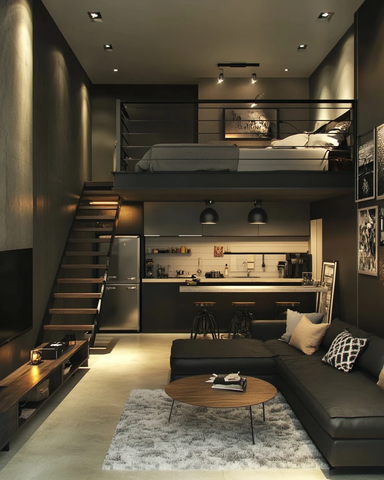 开放式公寓带阁楼床和阳台