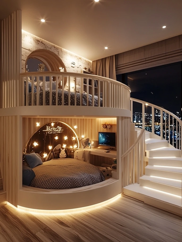 圆床带围栏儿童区电脑桌夜景观