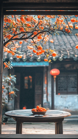 庭院里的秋柿之美