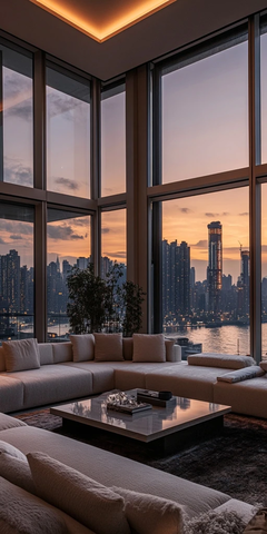 白灰沙发与城市夜景