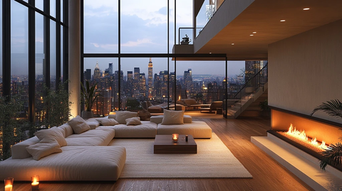 白色调客厅壁炉楼梯夜景