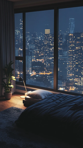 层夜景窗边床铺