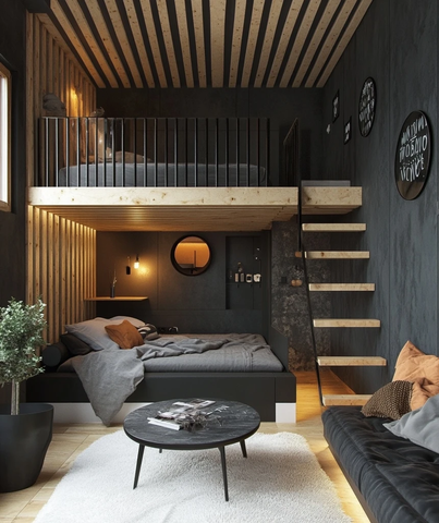 灰木墙卧室黑白设计