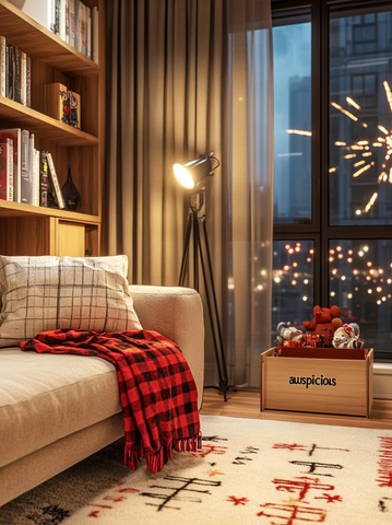 新年客厅沙发书柜红色毛毯