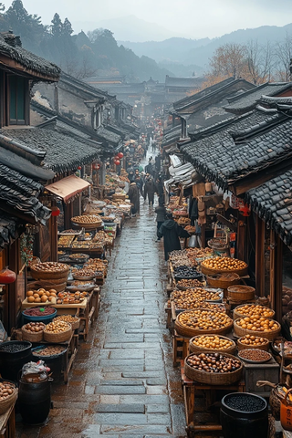雨中的古镇集市