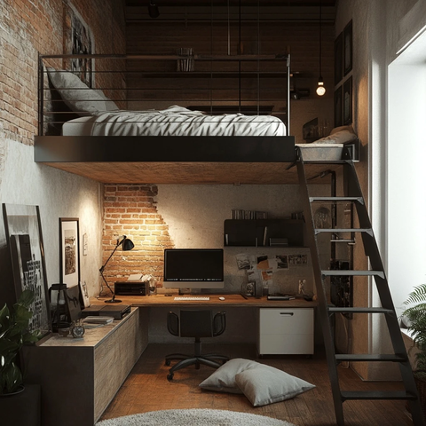 阁楼公寓床与电脑布局