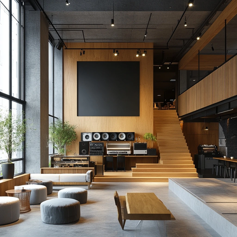 咖啡吧与音响墙对望座椅台阶