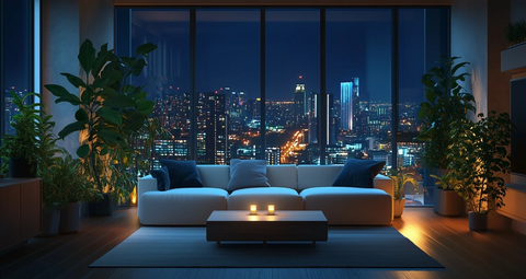 大客厅落地窗白沙发城市夜景
