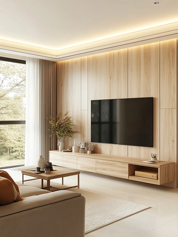 木质背景墙与白色地砖客厅