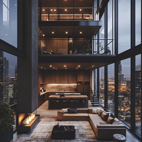 玻璃墙公寓夜景双层客厅