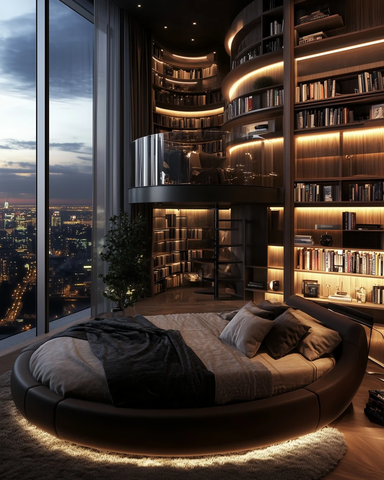 圆形床与书架螺旋梯设计