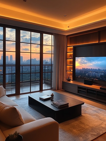 夜间客厅电视节目播放场景