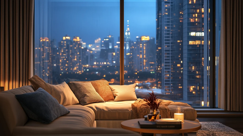 玻璃窗前沙发夜景