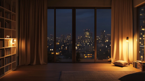 城市夜景书架温暖灯光