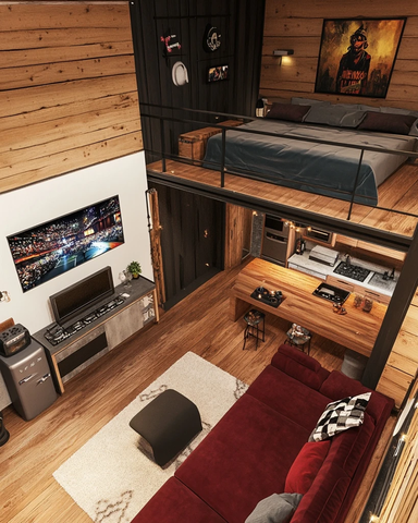 木墙红沙发白色墙电视游戏