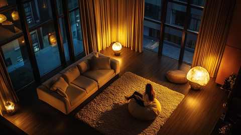 女孩坐地毯观夜空