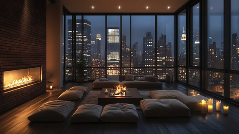 豪华客厅雨夜壁炉烛光