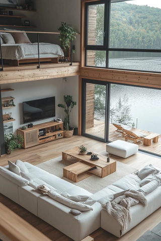 开放式客厅湖景落地窗