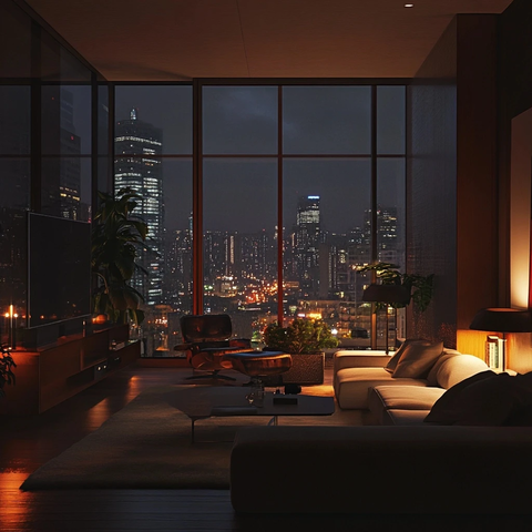 城市夜景映照客厅