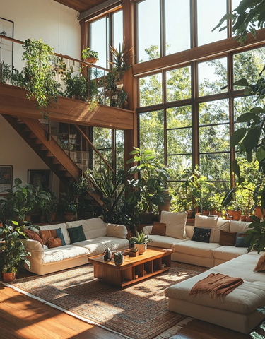 大客厅高天花木楼梯植物